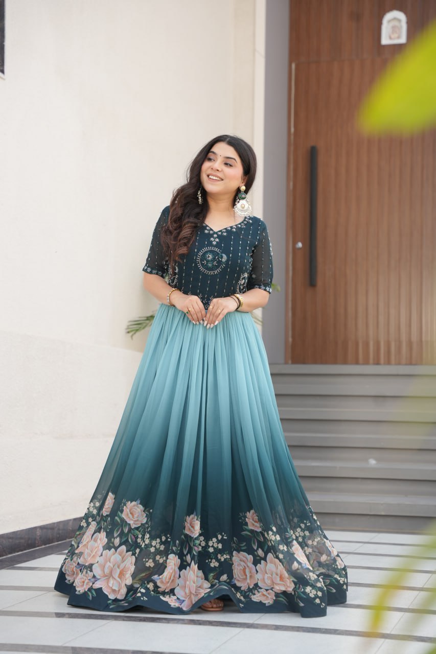 Women's Elegant Teal & Aqua Ombre Gown with Floral Printed Flair & Embellished Bodice β Perfect for Summer Festivities & Parties - Image 6