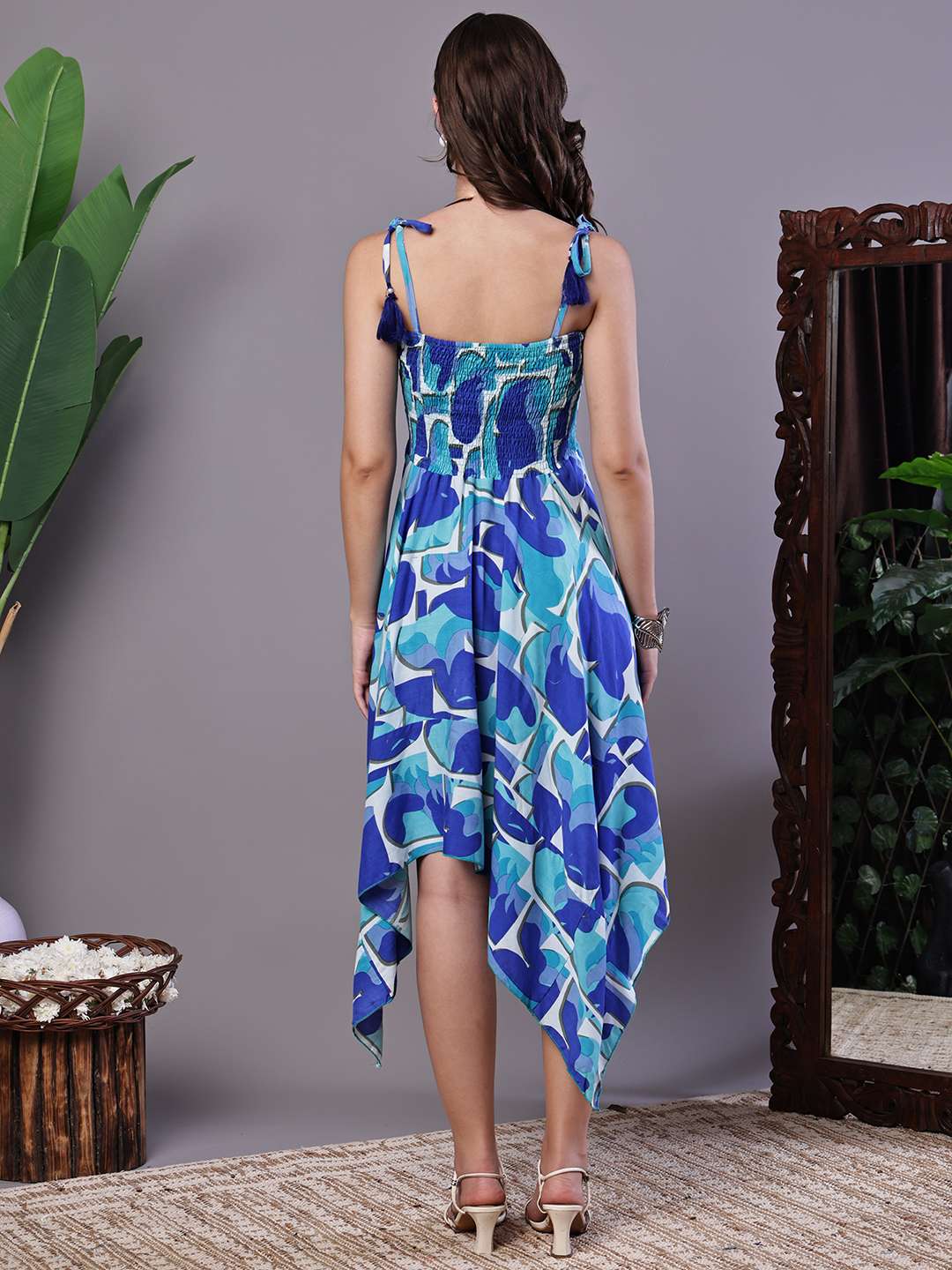 Women's Blue Printed Cotton Handkerchief Hem Dress Midi Dresses - Image 2